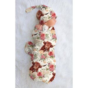 Girl Highland Cow Swaddle Set 6 Months Newborn Blanket 100% Jersey Polyester